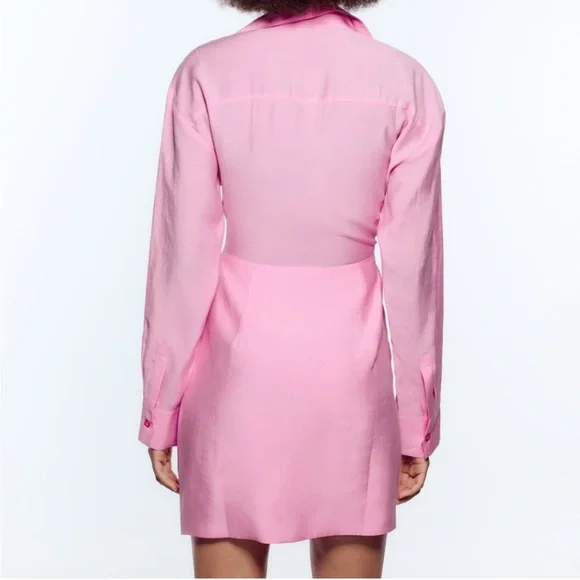 Zara long sleeves pink v neck mini dress — collared blazer style ruched detail - Picture 3 of 10